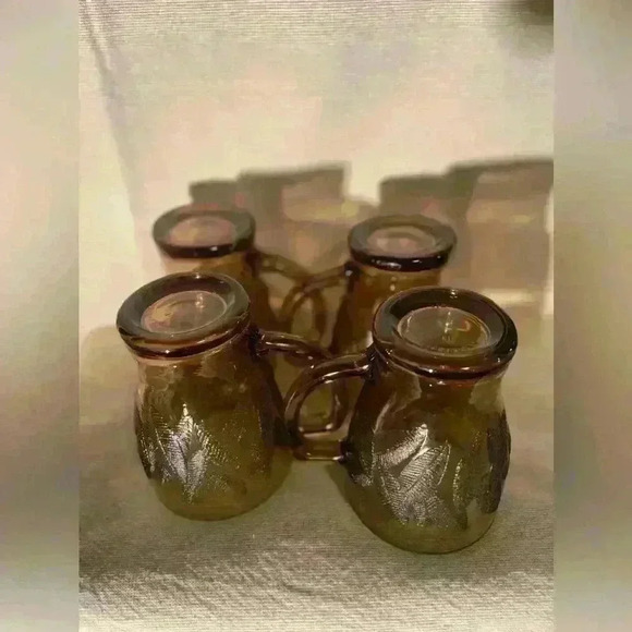 Vintage Smoky Brown Taupe  Indonesia KIG Leaf Pattern Glass Coffee Mugs (4) - Picture 8 of 8